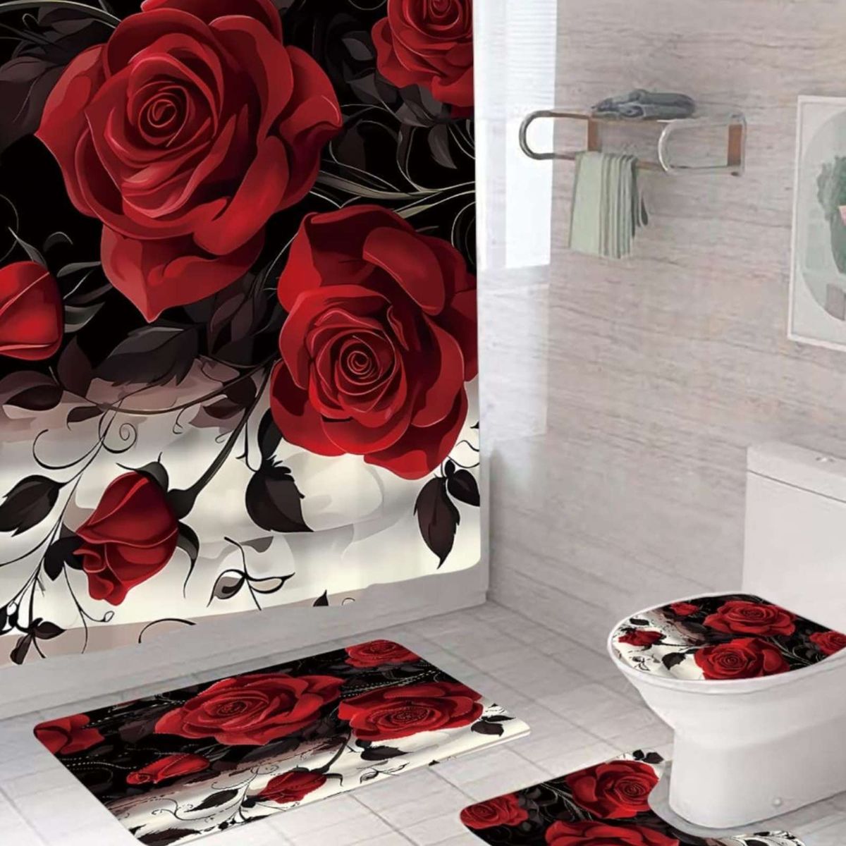 GENERICO - Set de baño 5 piezas Cortina mas Alfombras mas forro de ducha