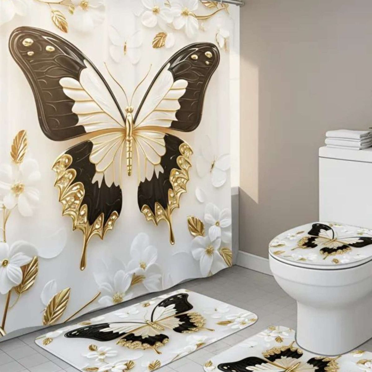 GENERICO - Set de baño 5 piezas Cortina mas Alfombras mas forro de ducha