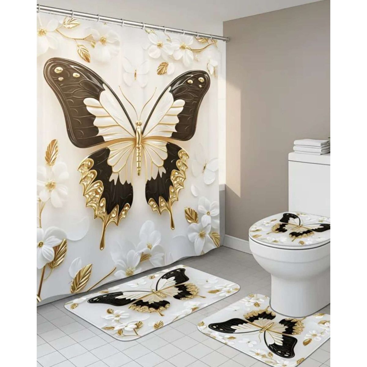 GENERICO - Set de baño 5 piezas Cortina mas Alfombras mas forro de ducha