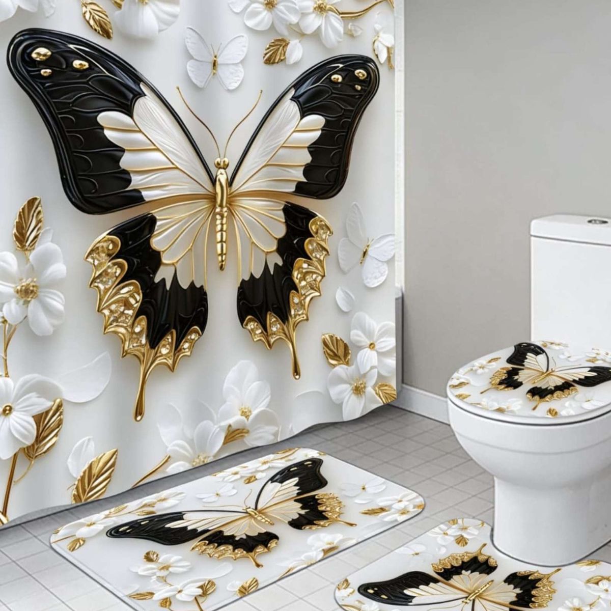 GENERICO - Set de baño 5 piezas Cortina mas Alfombras mas forro de ducha