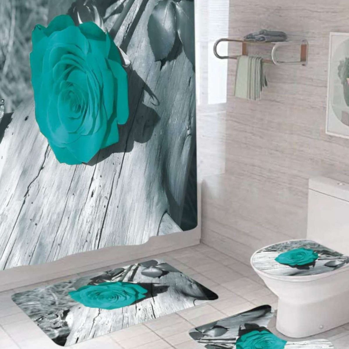 GENERICO - Set de baño 5 piezas Cortina mas Alfombras mas forro de ducha