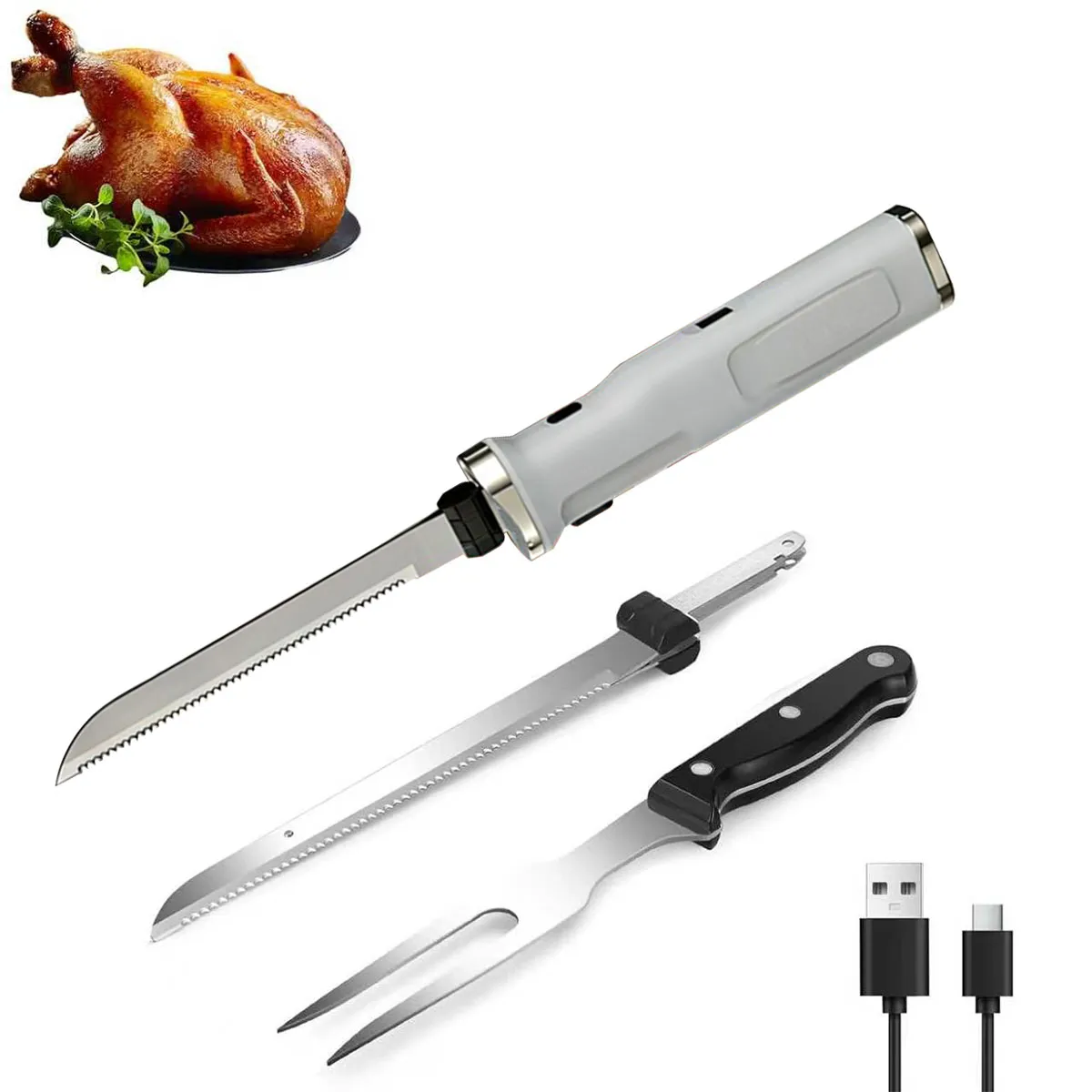 PUREPOWER - Cuchillo eléctrico portátil para pan con carga recargable de acero inoxidable 420