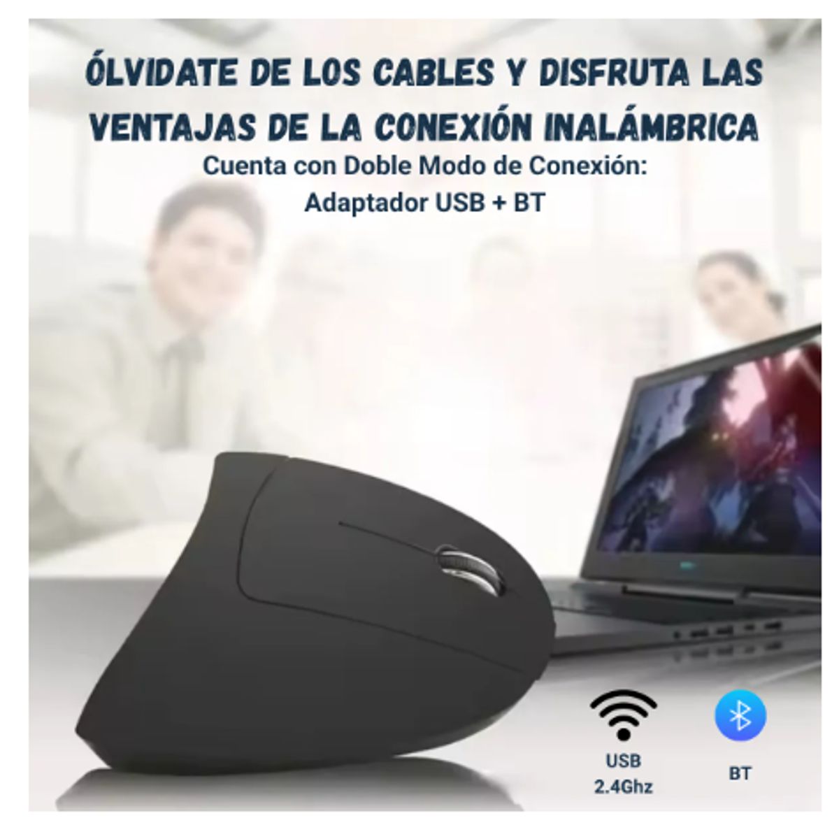 GENERICO - Mouse Ergonomico Vertical Inalámbrico Recargable Bluetooth Negro