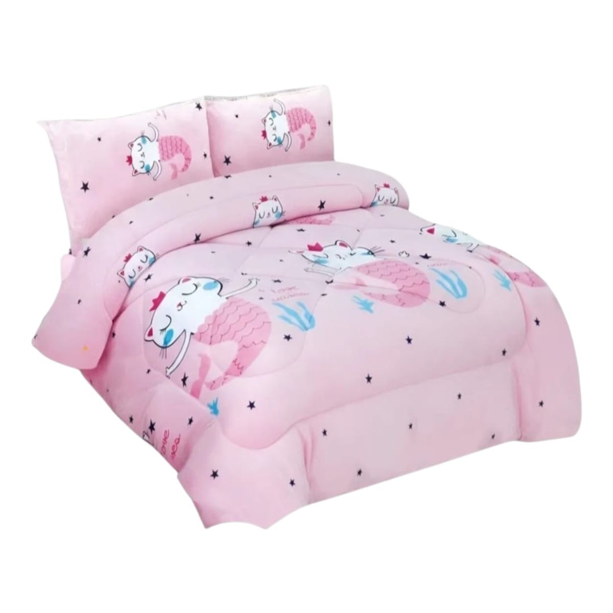 GENERICO - Cubrecama plush Con Chiporro 1.5 Plazas Niñas Gato Sirena