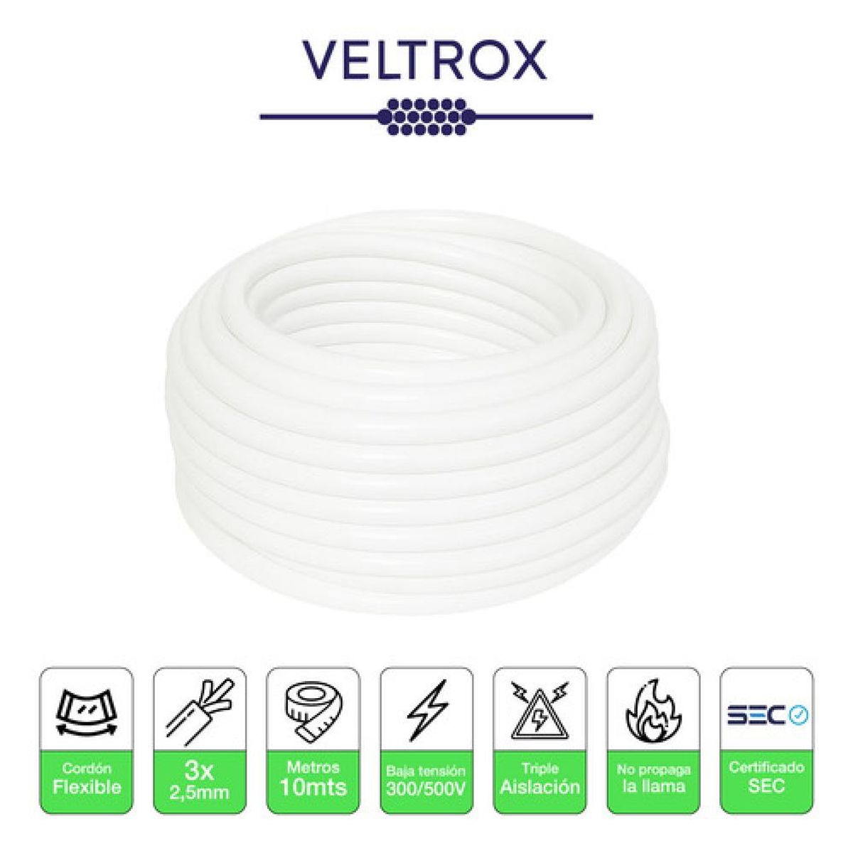 GENERICO - Cordón Eléctrico Veltrox Flexible 3x250mm2 10m Blanco Sec