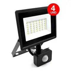 DRL LIGHTING - Pack 4 Foco Proyector Led Reflector Con Sensor 30w Ip65 Fría Negro Blanco Frío