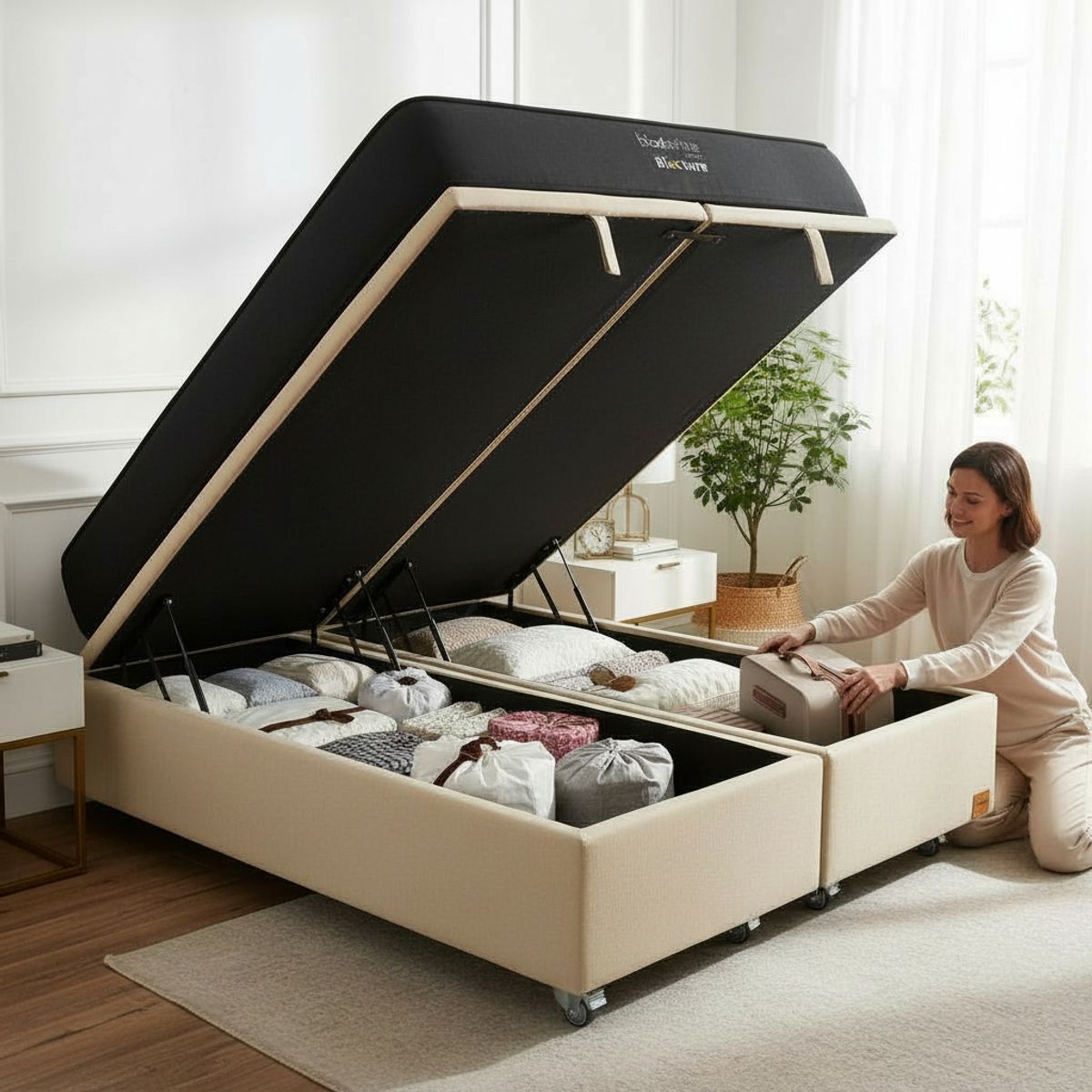 BLOCCARE - Cama Baul 2 Plazas L190 cm  + Colchon Black Prime - Modelo Uno / Rueda Pyton (Beige)