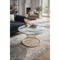 GENERICO - Mesa Centro Vidrio Templado Pota Gold Metal Marmol Blanco con toque de Amarillo