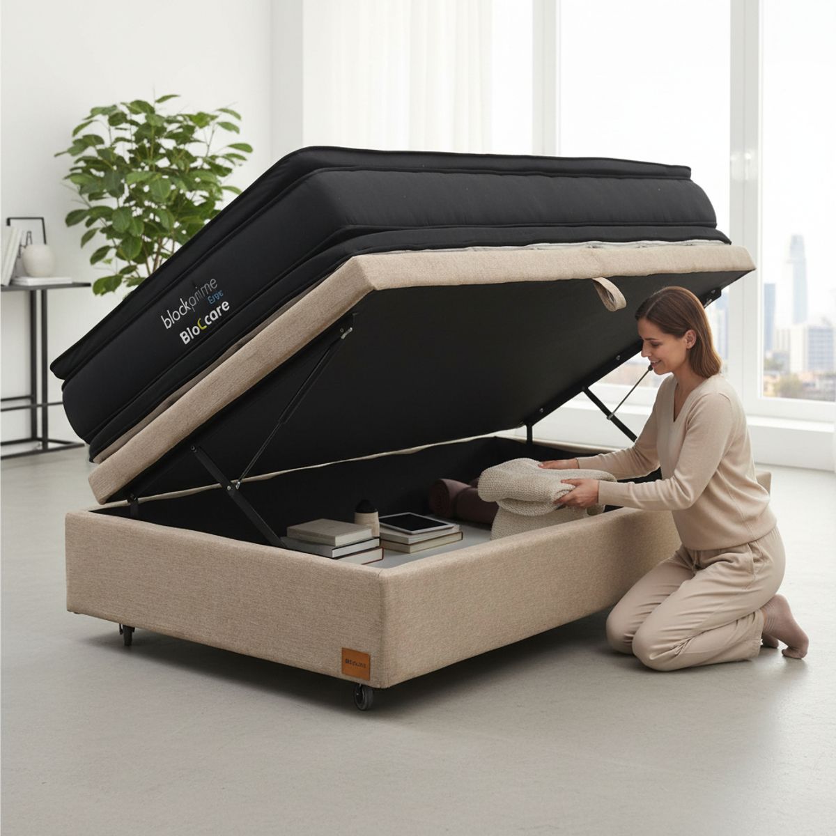 BLOCCARE - Cama Baul 1.5 Plaza L190  cm + Colchon Black Prime - Modelo Dos / Rueda Pyton(Beige)