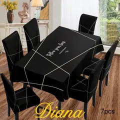 GENERICO - SET DE MANTEL ANTIMANCHA + 6 FUNDA SILLAS ELASTIZADAS NEGRO LINEAS BLANCAS