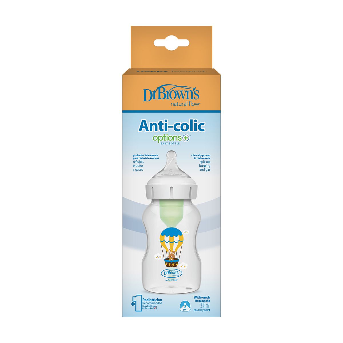DR BROWNS - Mamadera Dr Brown´s Anticólicos Boca Ancha 330ml Diseño Conejo