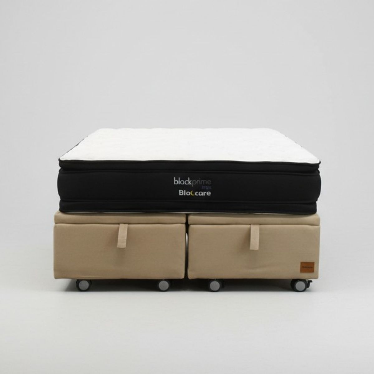 BLOCCARE - Cama Baul 2 Plaza L190  cm + Colchon Black Prime - Modelo Dos / Rueda Logo (Beige)