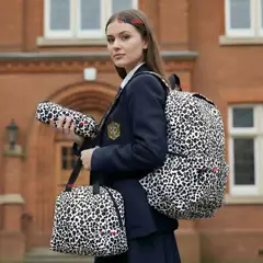 UTILISIMO - Mochila Bolso Animal Print Estampado De Leopardo Blanco + Lonchera + Estuche Escolar Niña 42Cm