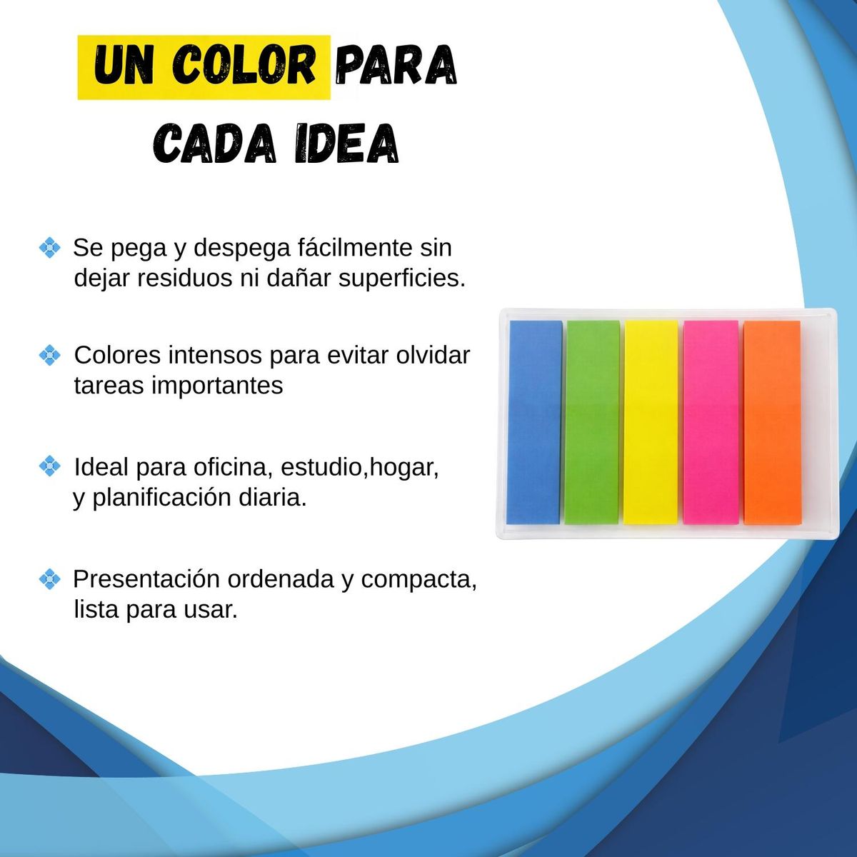 GENERICO - Banderitas Adhesivas tipo Post It - 5 Colores Punta Recta