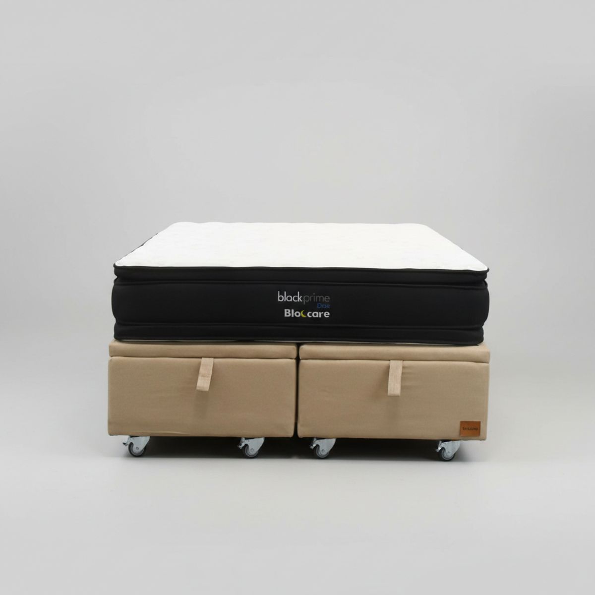 BLOCCARE - Cama Baul King L200 cm  + Colchon Black Prime - Modelo Dos / Rueda Deluxe (Beige)