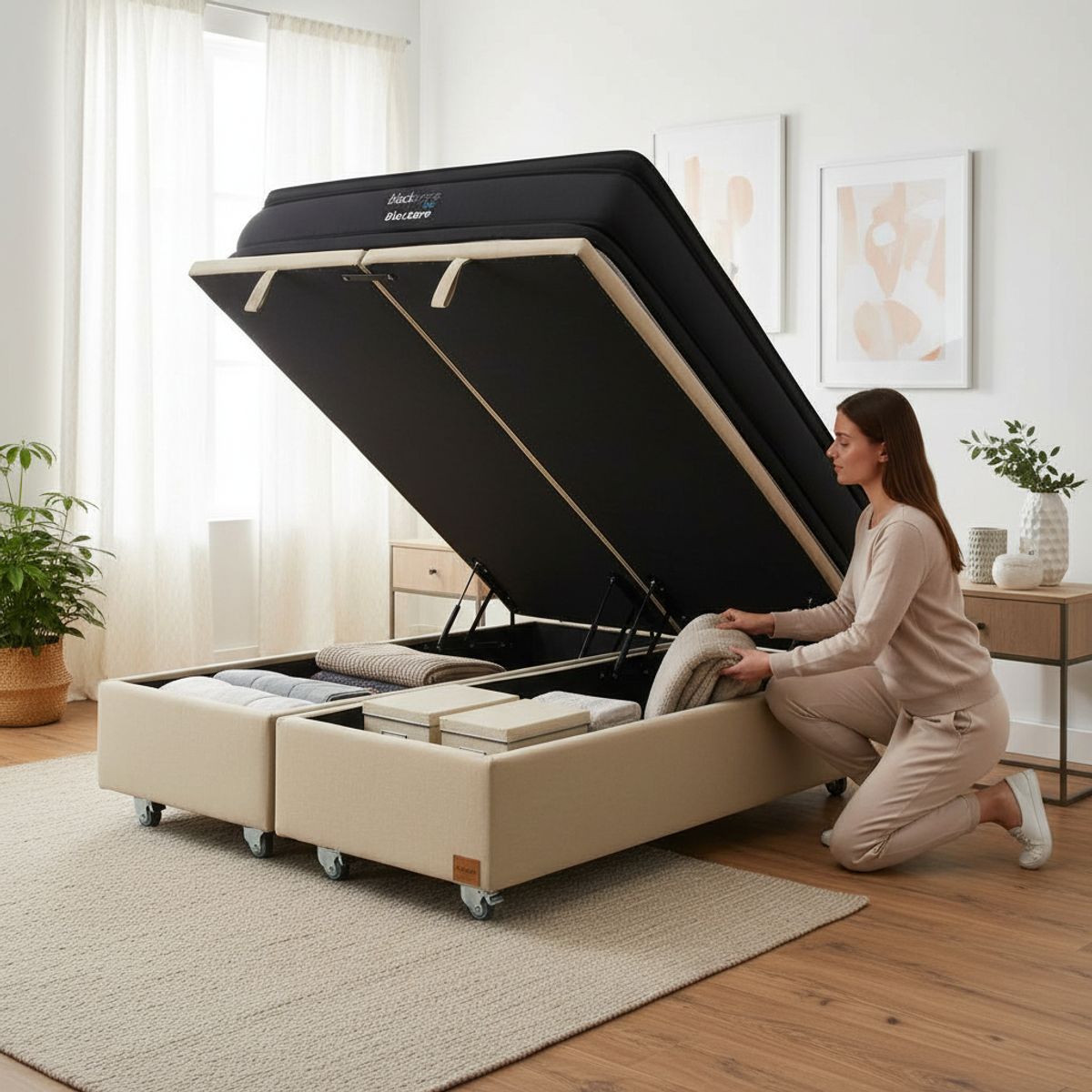 BLOCCARE - Cama Baul King L200 cm  + Colchon Black Prime - Modelo Dos / Rueda Deluxe (Beige)