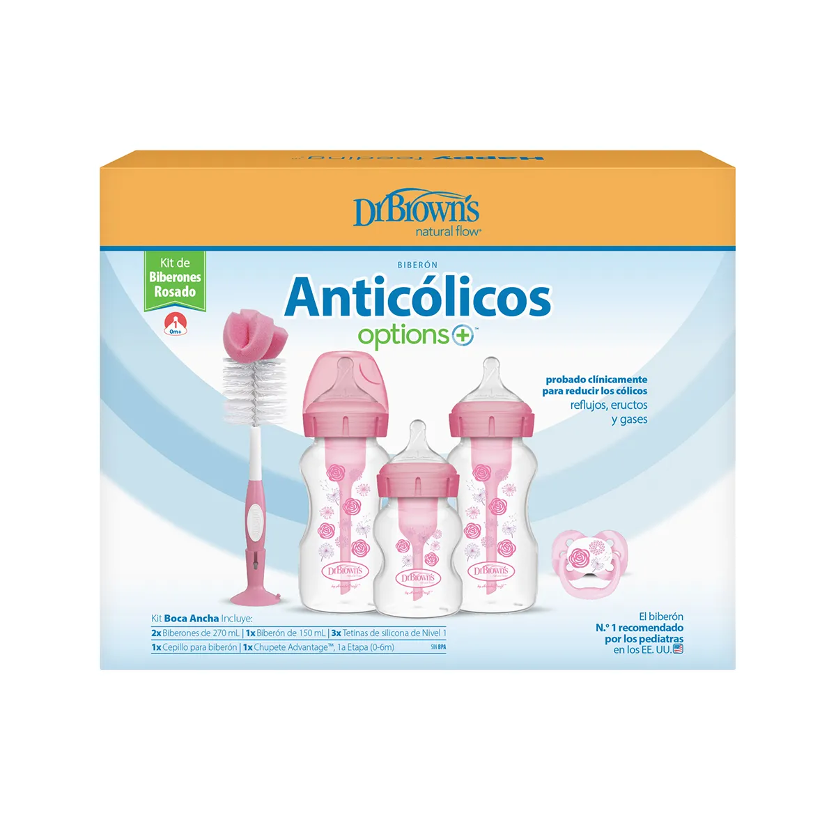 DR BROWN'S - Set Mamaderas Dr Brown´s Anticólicos Boca Ancha 5pcs Rosa