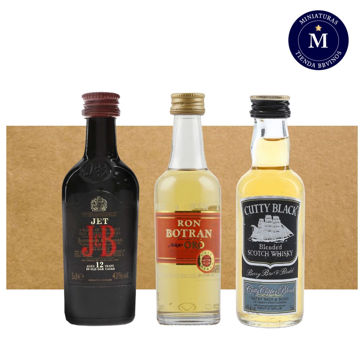 BBVINOS - Mix Miniatura Whisky JB 12 años, Ron Botran Añejo Oro & Whisky Cutty Black Blended.