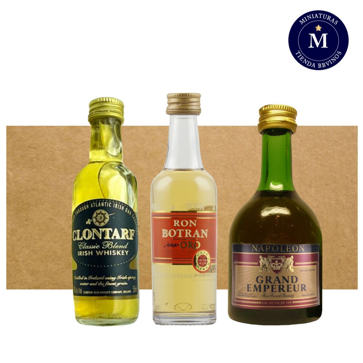 BBVINOS - Mix Miniatura Brandy Napoleon Grand Empereur Ron Botran Añejo Oro & Whisky Clontarf Classic Blend