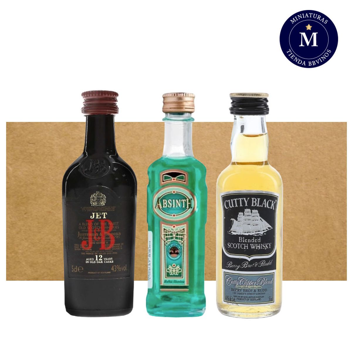 BBVINOS - Mix Miniatura Whisky JB Jet 12 años, Absentha Premium & Whisky Cutty Black, Blended.