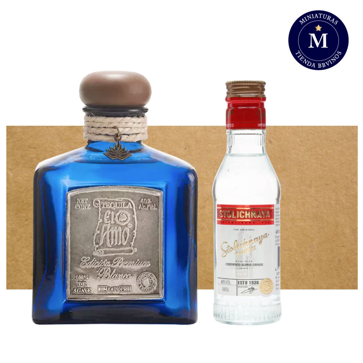 BBVINOS - Mix Miniatura Tequila El Amo, Edición Premium Blanco 100 ml & Vodka Stolichnaya Pet.
