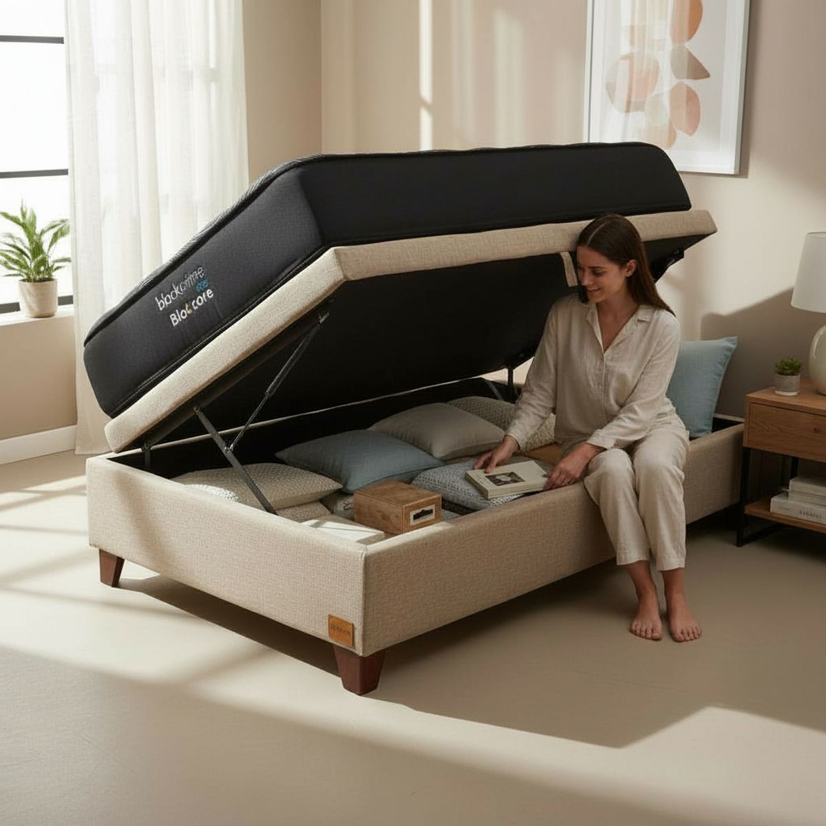 BLOCCARE - Cama Baul 1.5 Plaza L200 cm + Colchon Black Prime - Modelo Uno / Con Patas De Madera 4.5 cm (Beige)