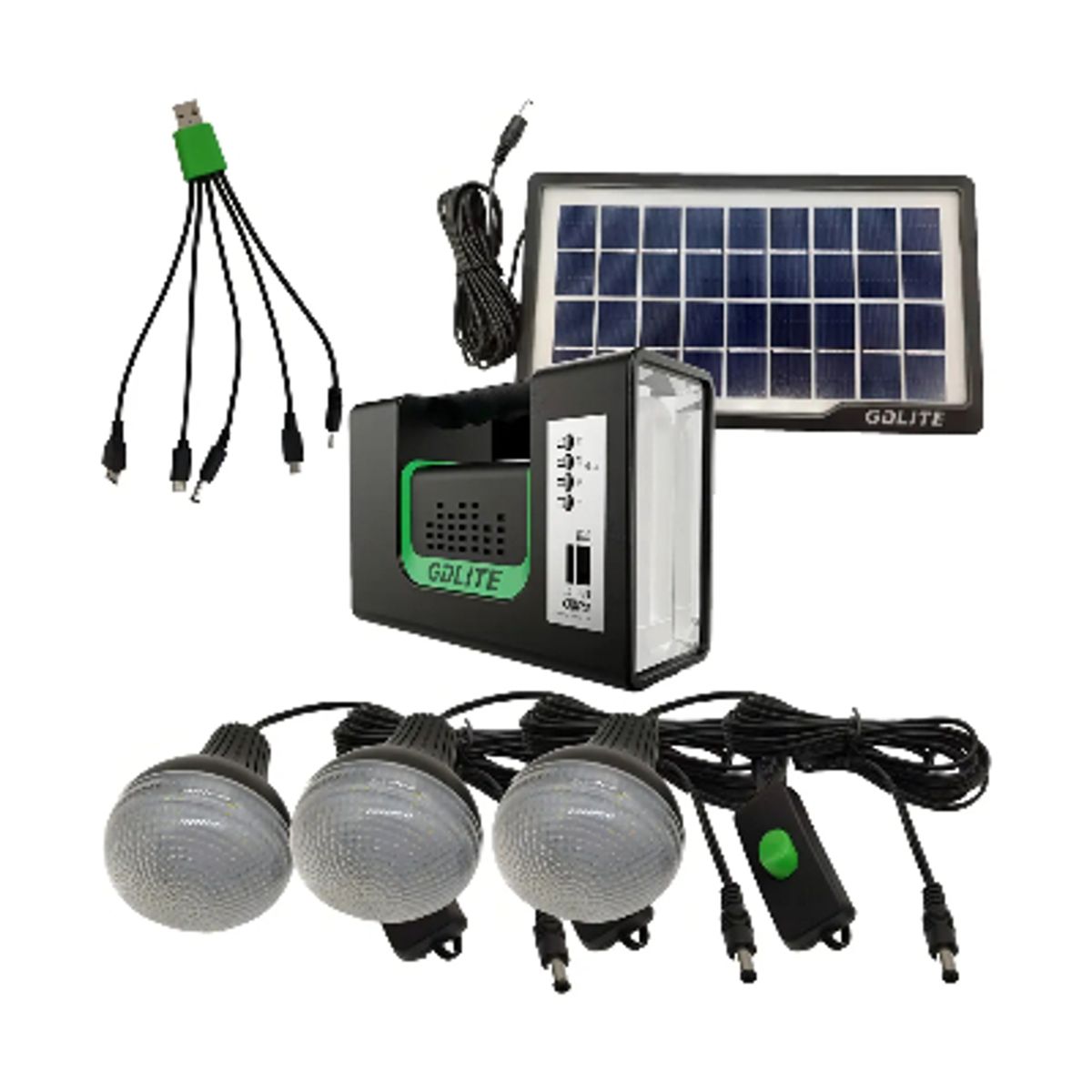 GENERICO - Kit Emergencia Camping Solar 3 Ampolletas Linterna+radio Mp3 Color Negro