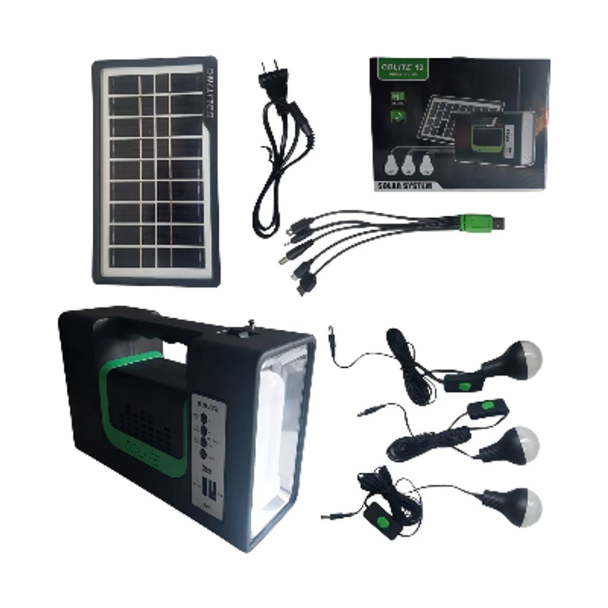 GENERICO - Kit Emergencia Camping Solar 3 Ampolletas Linterna+radio Mp3 Color Negro