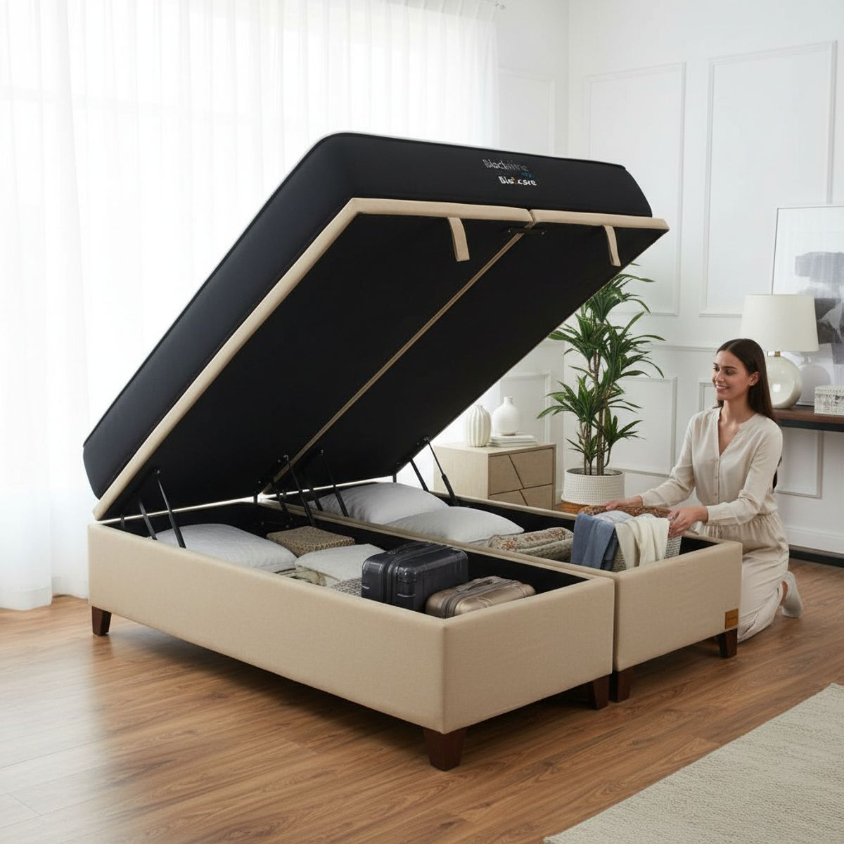 BLOCCARE - Cama Baul 2 Plaza L200 cm + Colchon Black Prime - Modelo Uno / Con Patas De Madera 4.5 cm (Beige)