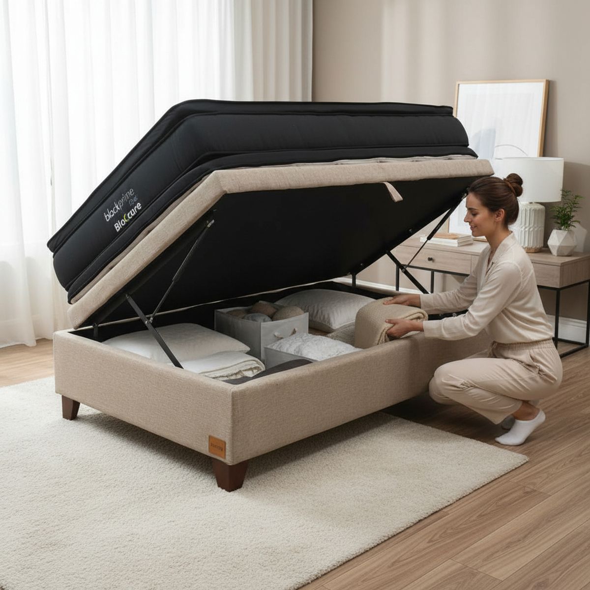 BLOCCARE - Cama Baul 1.5 Plaza L200 cm + Colchon Black Prime - Modelo Dos / Con Patas De Madera 11 cm (Beige)