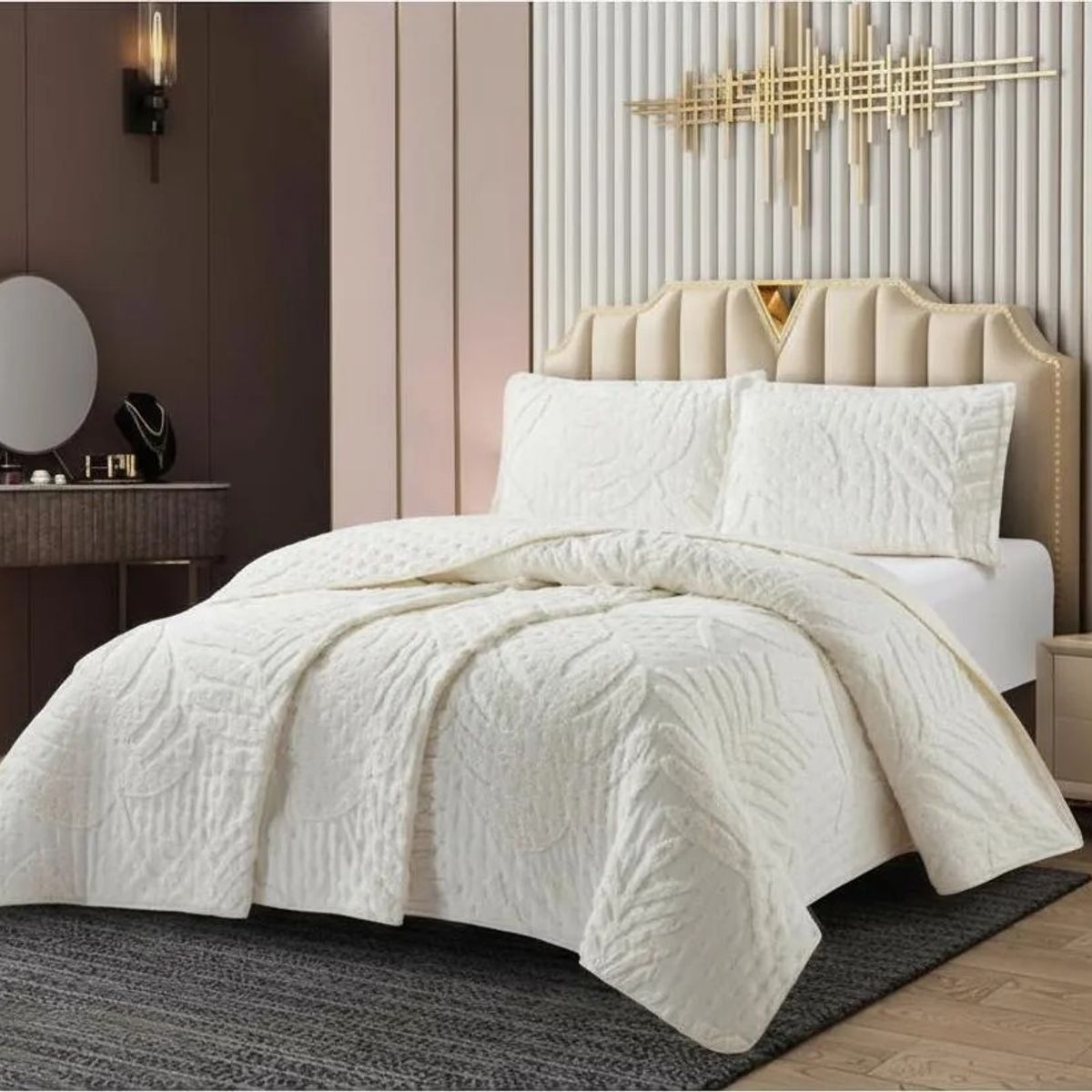 GENERICO - CUBRECAMA DE VERANO TUFTING SERIE 3 KING RELIEVE  UNICOLOR HOJAS ELEGANTES TF.