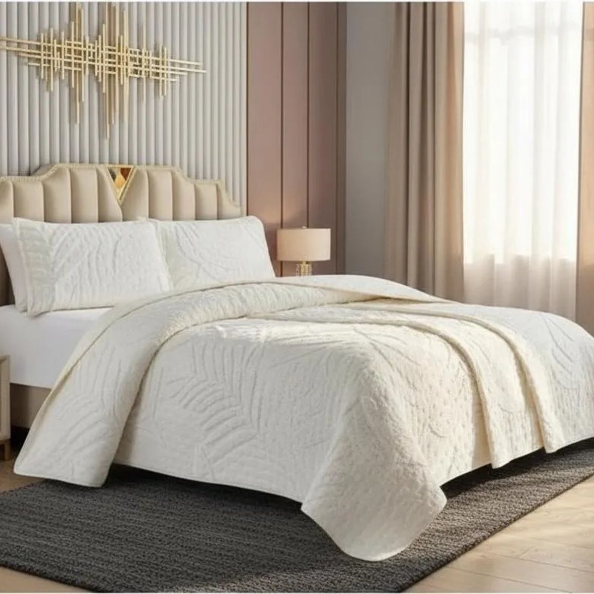 GENERICO - CUBRECAMA DE VERANO TUFTING SERIE 3 KING RELIEVE  UNICOLOR HOJAS ELEGANTES TF.