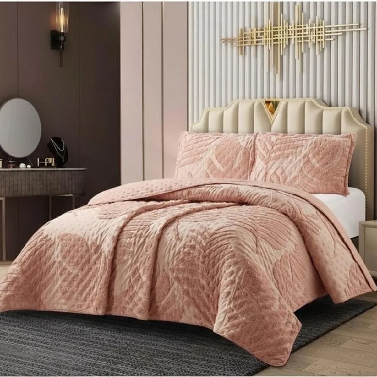 GENERICO - CUBRECAMA DE VERANO TUFTING SERIE 3 KING RELIEVE  UNICOLOR HOJAS ELEGANTES TF.