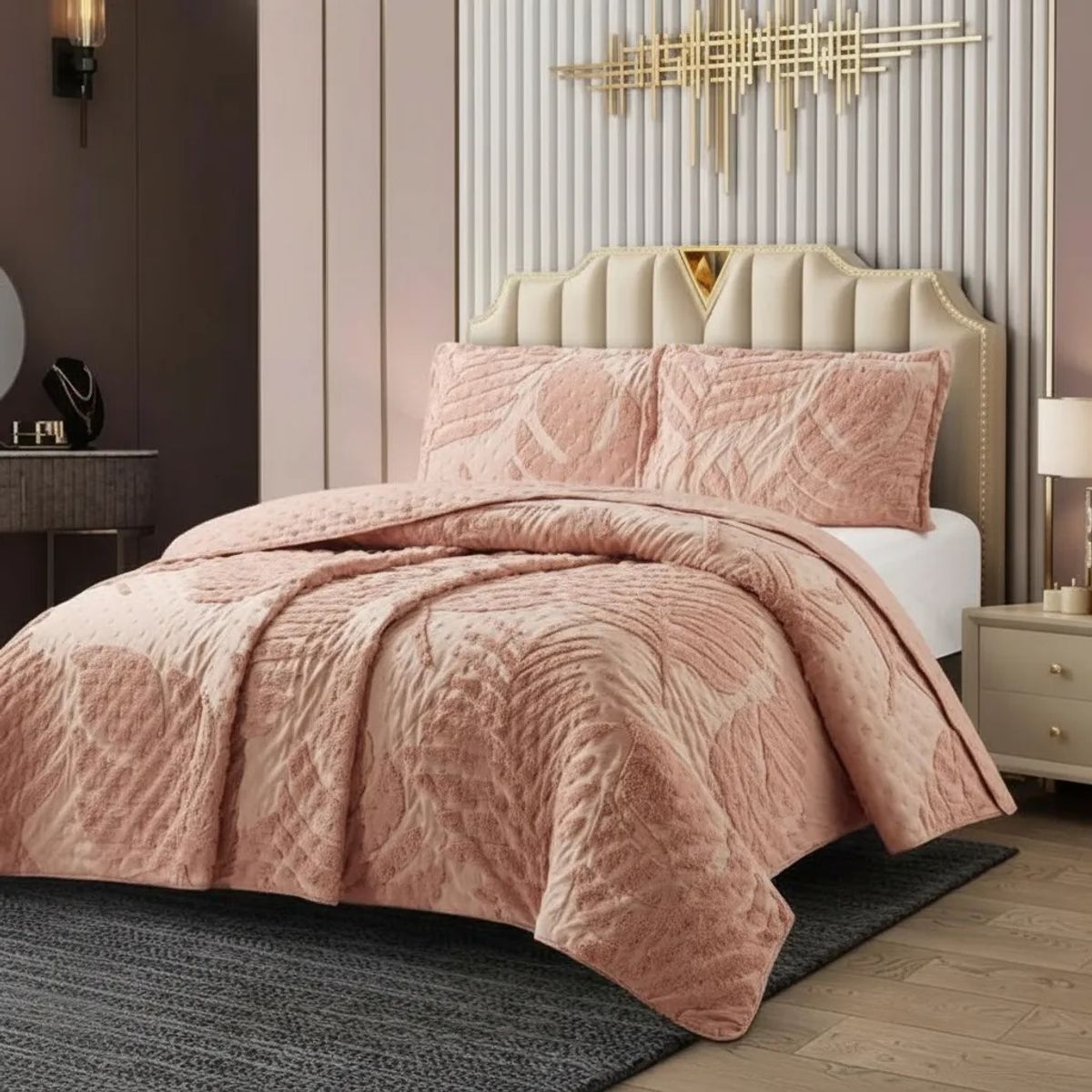 GENERICO - CUBRECAMA DE VERANO TUFTING SERIE 3 KING RELIEVE  UNICOLOR HOJAS ELEGANTES TF.