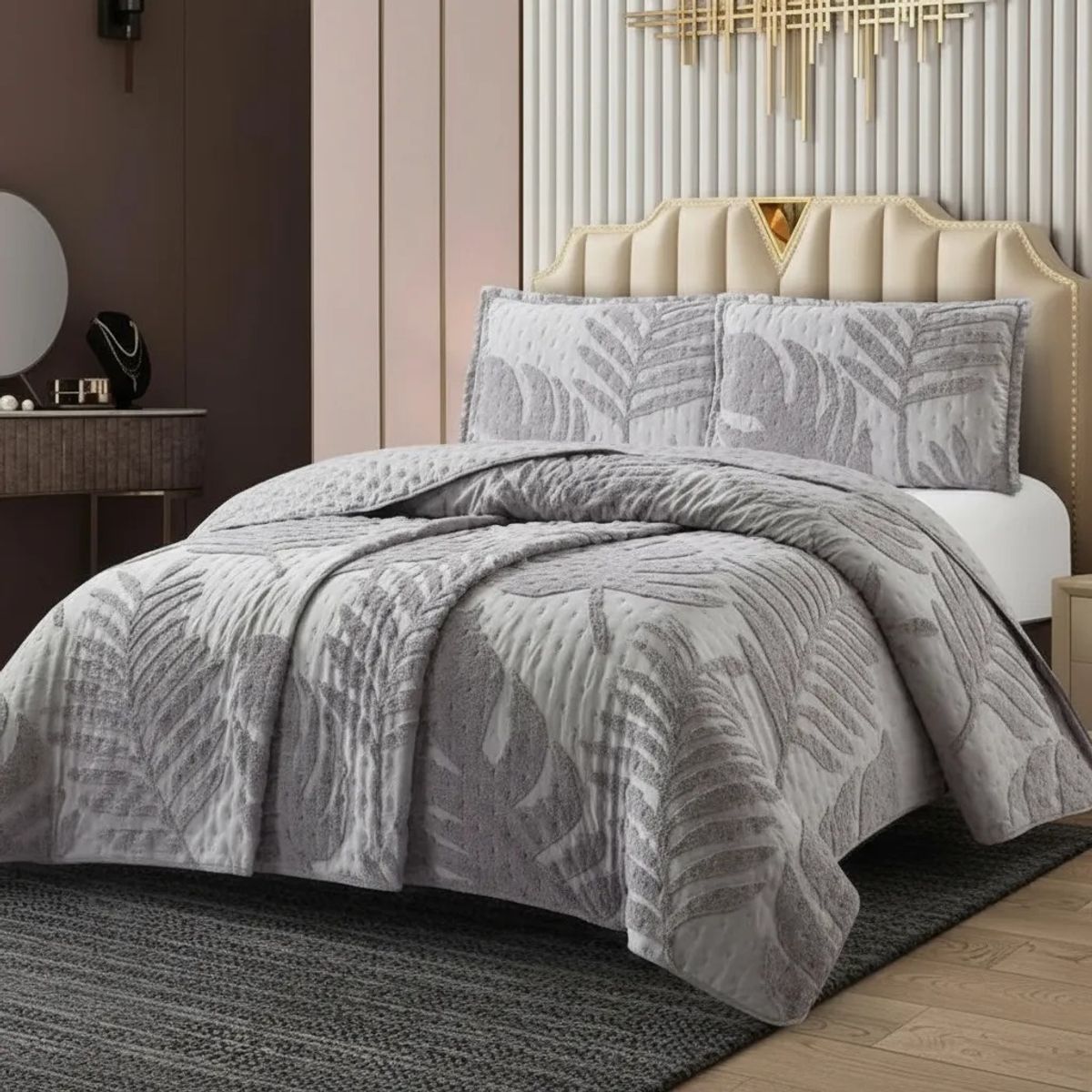 GENERICO - CUBRECAMA DE VERANO TUFTING SERIE 3 KING RELIEVE  UNICOLOR HOJAS ELEGANTES TF.