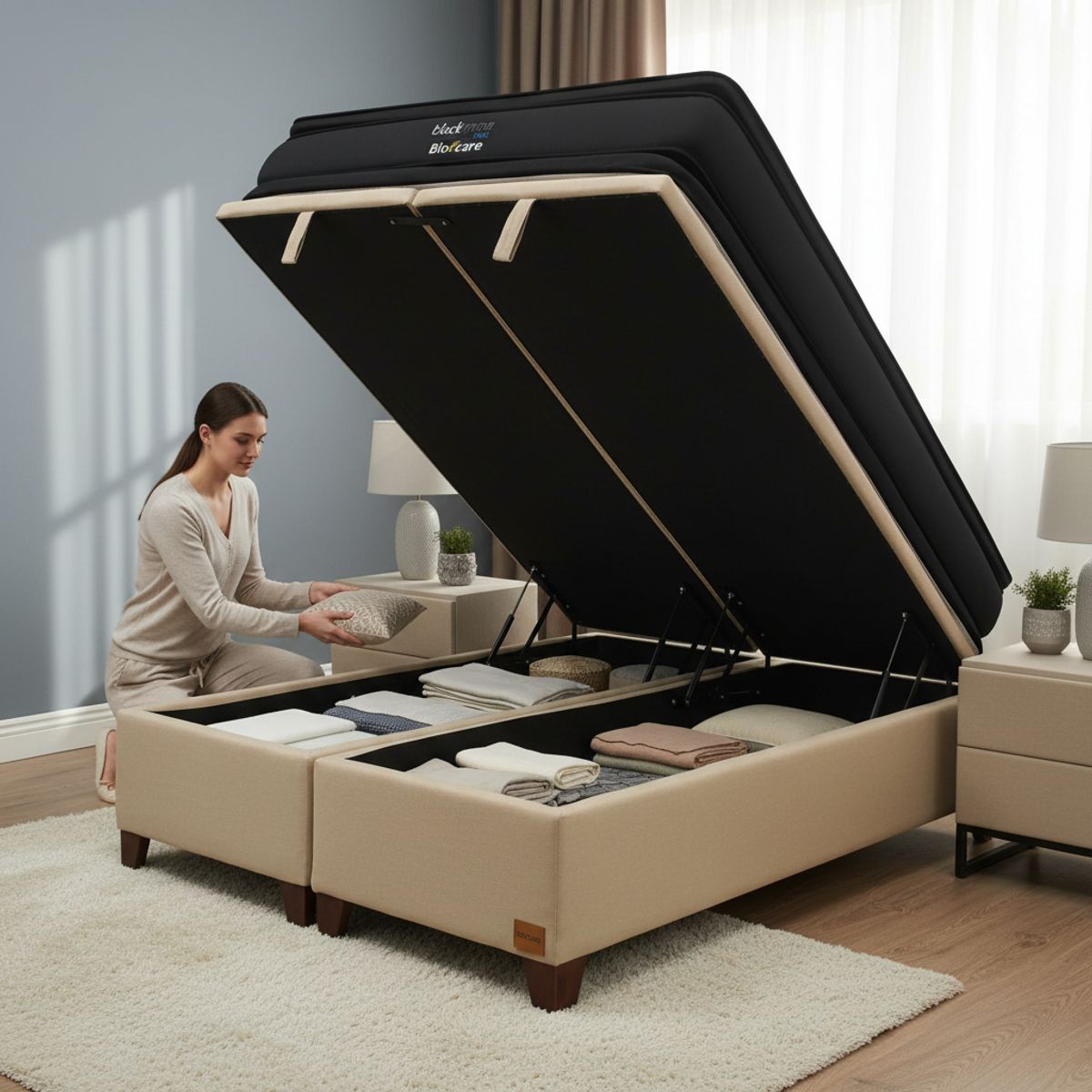 BLOCCARE - Cama Baul 2 Plazas L200 cm + Colchon Black Prime - Modelo Dos / Con Patas De Madera 4.5 cm (Beige)