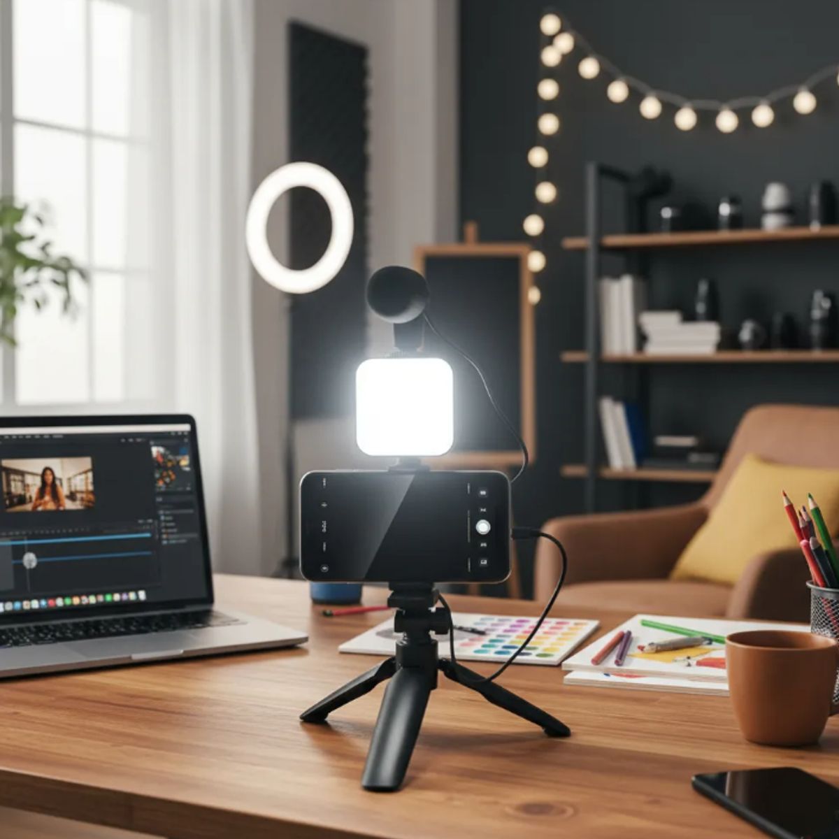 IRM - Kit De Microfono+ Luz Led + Tripode Kit De Influencer Negro