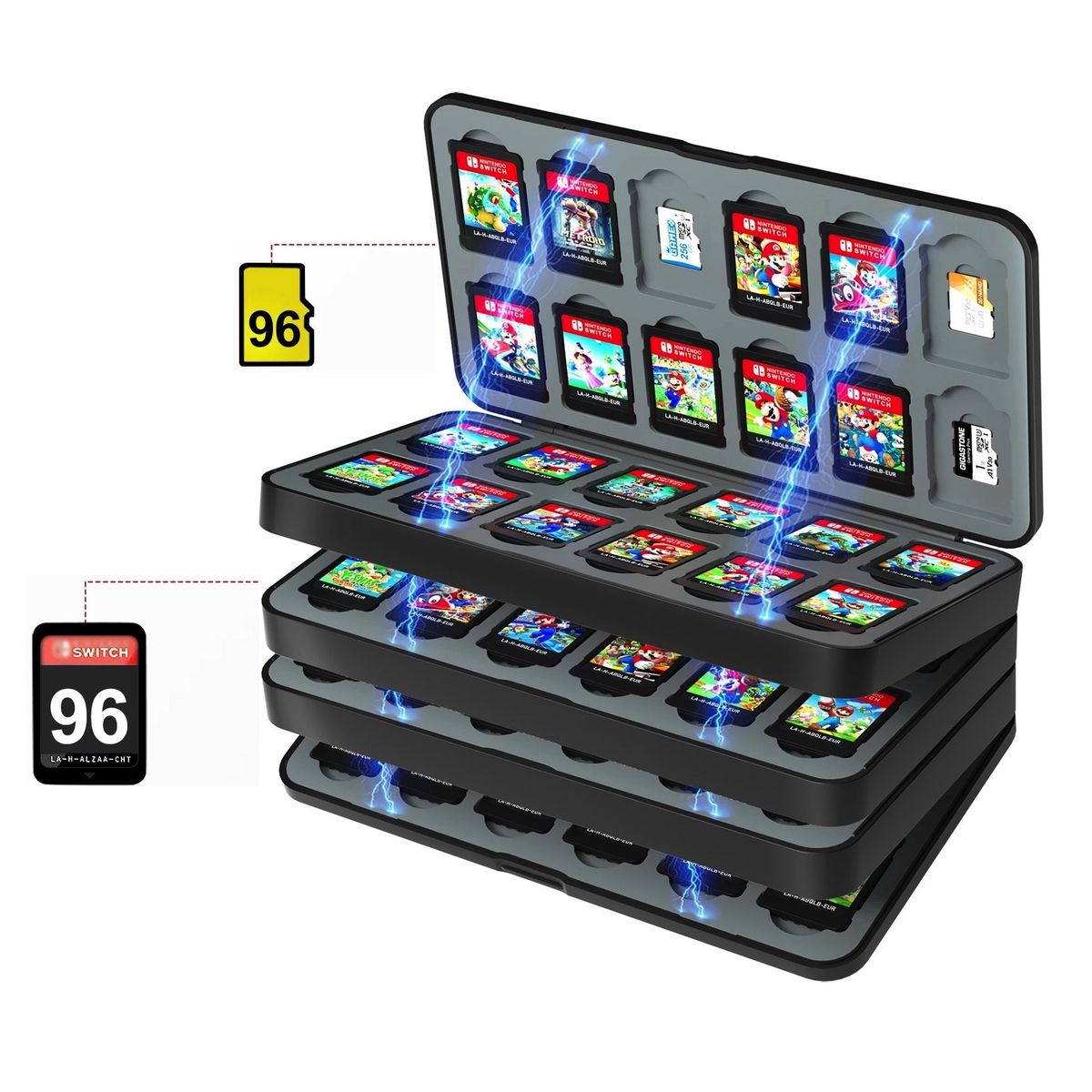 GENERICO - Porta Juegos 96 En 1 Cartuchos + Para Nintendo Switch 1 / 2 Negro