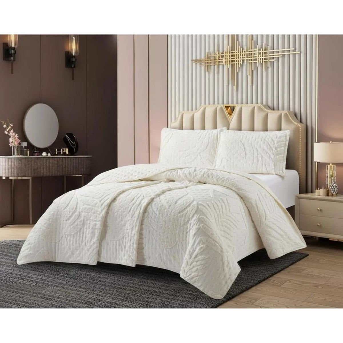 GENERICO - CUBRECAMA DE VERANO 2 PLAZA TUFTING SERIE 3 RELIEVE  UNICOLOR HOJAS ELEGANTES TF