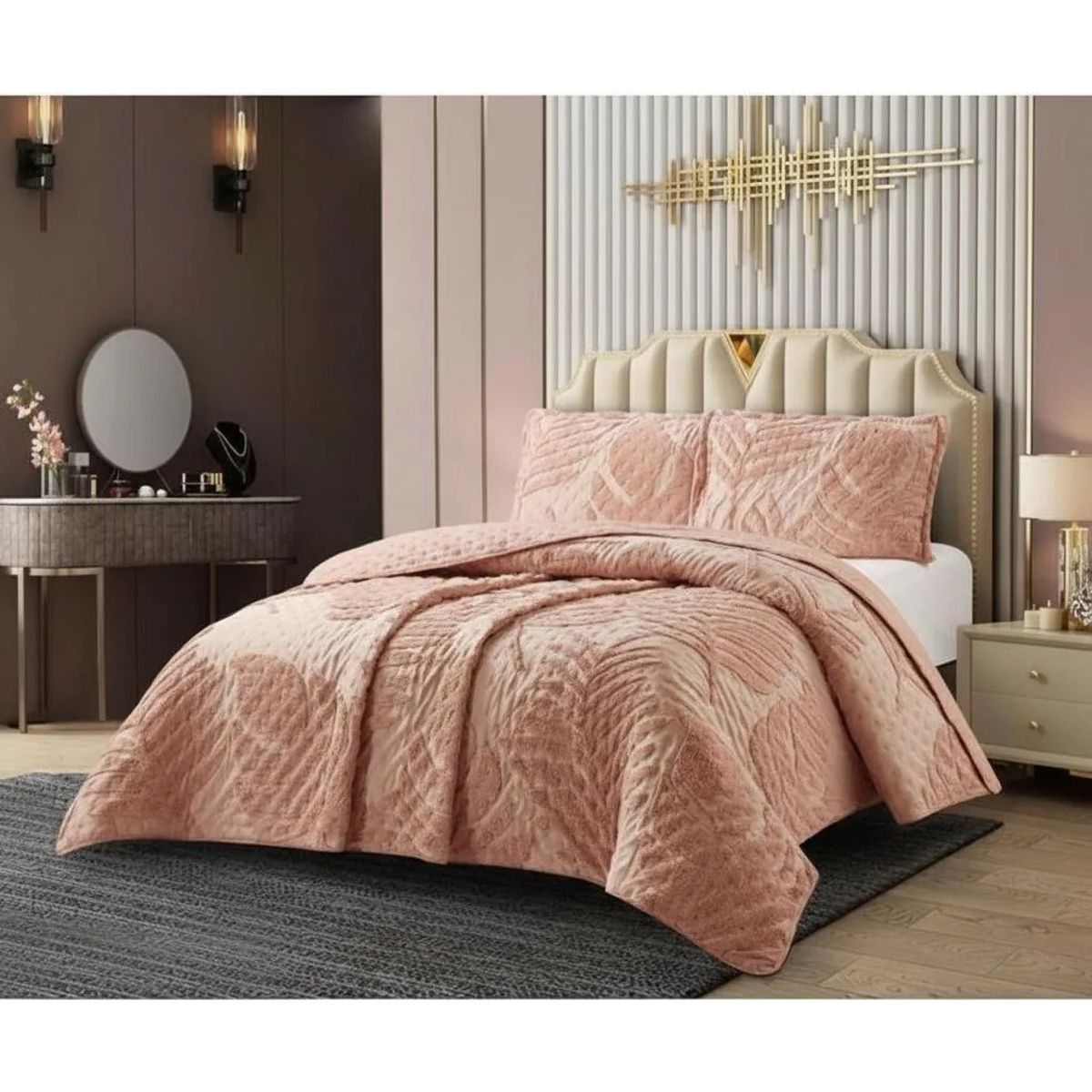 GENERICO - CUBRECAMA DE VERANO 2 PLAZA TUFTING SERIE 3 RELIEVE  UNICOLOR HOJAS ELEGANTES TF