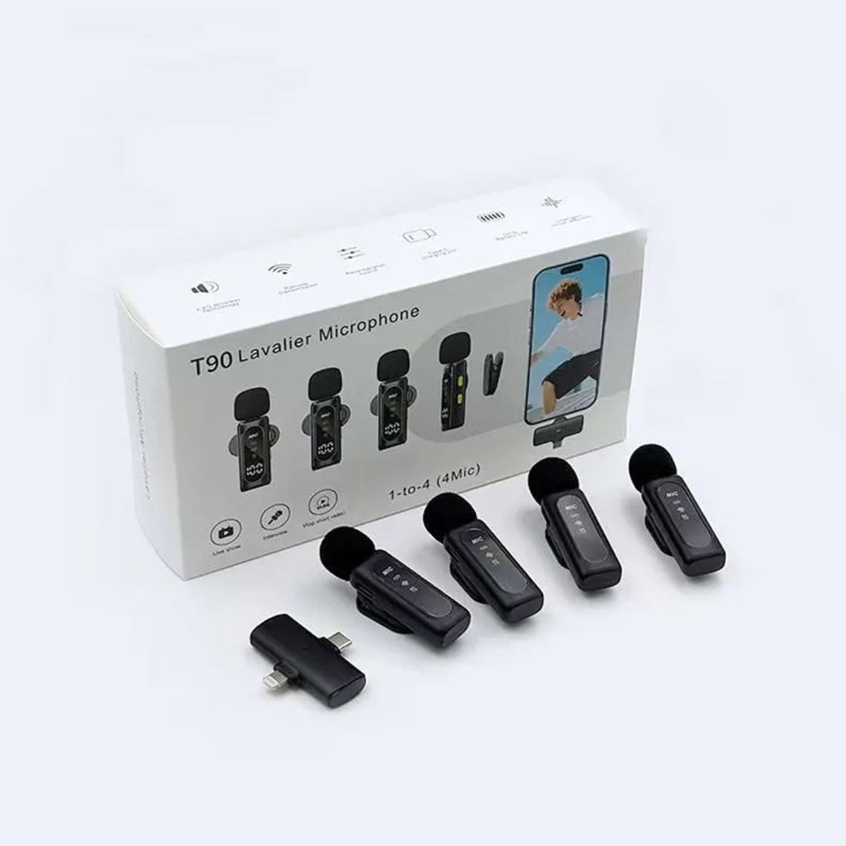 GENERICO - Kit 4 Micrófonos Lavalier Inalámbricos T90 Usb-c iPhone