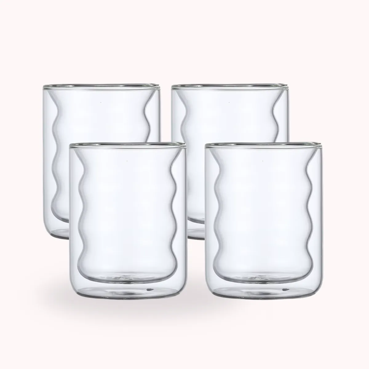 SANTU HOME & DECO - Set 4 Vasos Vidrio Doble Fondo Ondas Bajo