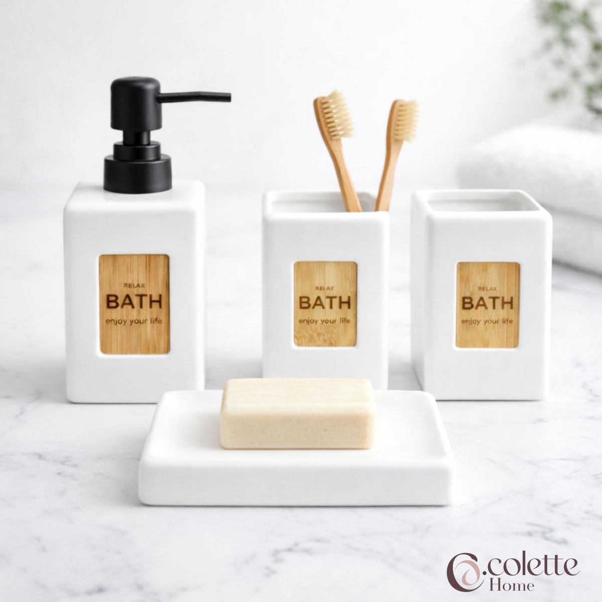 COLETTE - Set de Accesorios de Baño 4 Piezas Cerámica Bicolor Burbujas