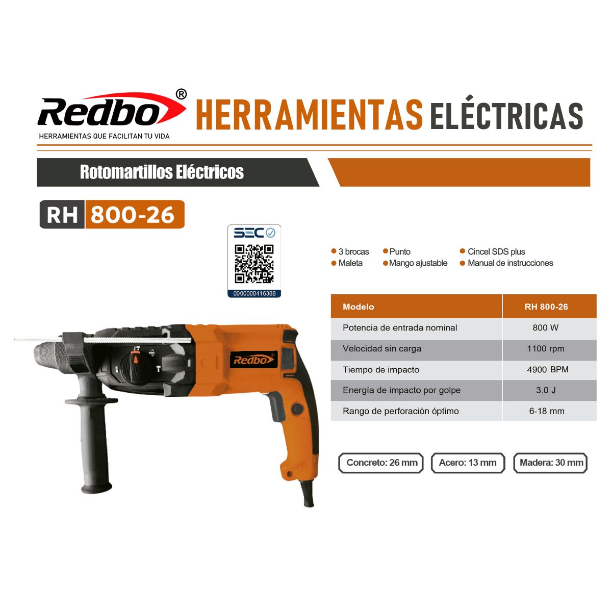 Rotomartillo Eléctrico Redbo RH 800-26 (800W, 3.0 Joules) + Maleta y Accesorios, marca REDBO - Foto 2