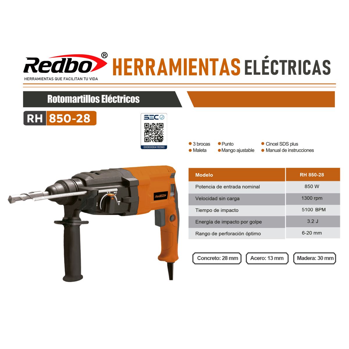 REDBO - Rotomartillo Eléctrico Redbo RH 850-28 (850W, 3.2 Joules) + Maleta y Accesorios