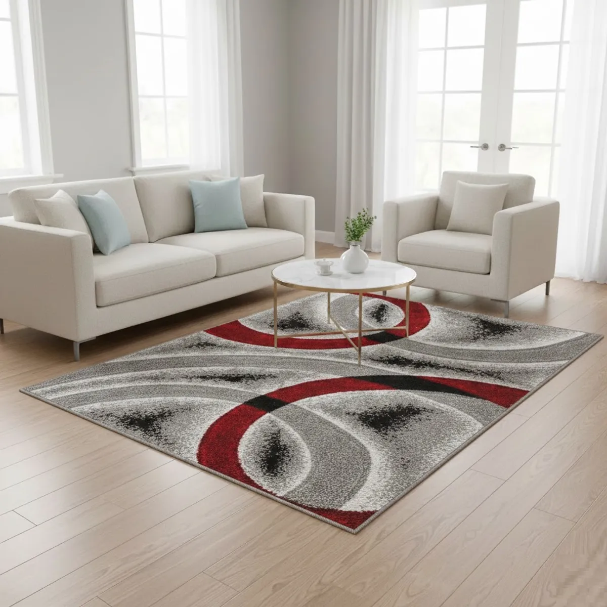 ALFOMBRA PARA SALA DISEÑO GRIS CIRCULO ROJO  ILUSIÓN ÓPTICA 3D JUVENIL 200X240 CMIO, marca GENERICO - Foto Principal