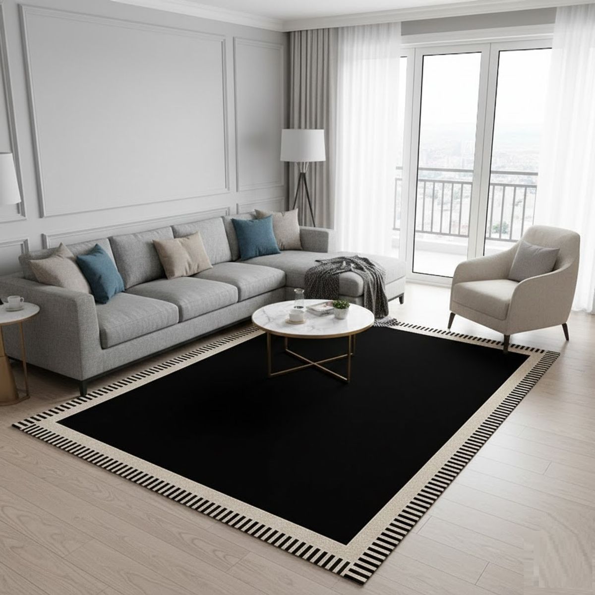GENERICO - ALFOMBRA PARA SALA ELEGANTE DISEÑO CUADRO NEGRO ILUSIÓN ÓPTICA 3D JUVENIL 200X240 CMIO