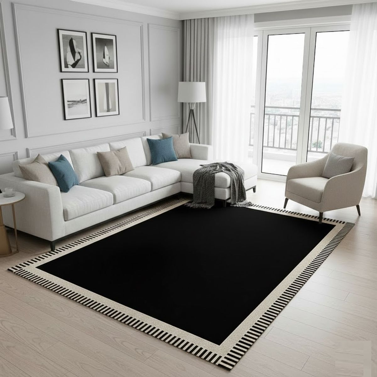 GENERICO - ALFOMBRA PARA SALA ELEGANTE DISEÑO CUADRO NEGRO ILUSIÓN ÓPTICA 3D JUVENIL 200X240 CMIO