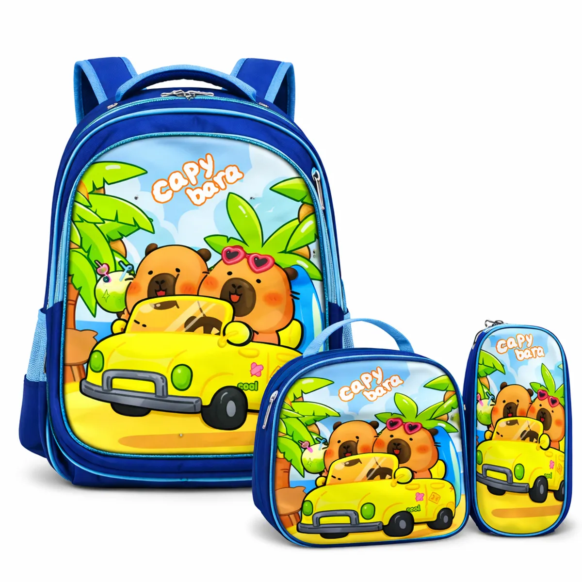 MV MOVAC - Set 3 Piezas Mochila Infantil Escolar Capibara con Luces  + Lonchera + Estuche Resistente y Cómodo