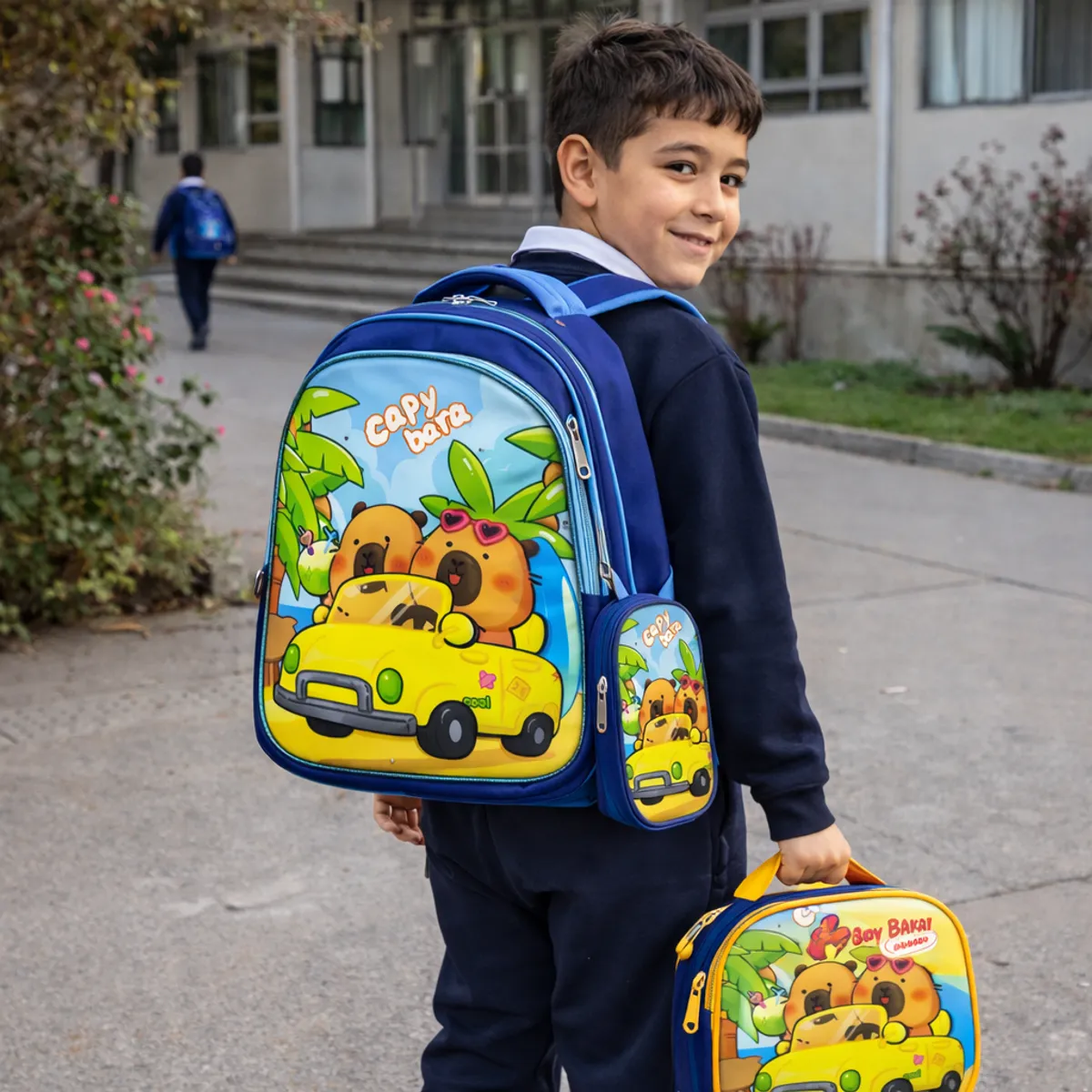 MV MOVAC - Set 3 Piezas Mochila Infantil Escolar Capibara con Luces  + Lonchera + Estuche Resistente y Cómodo
